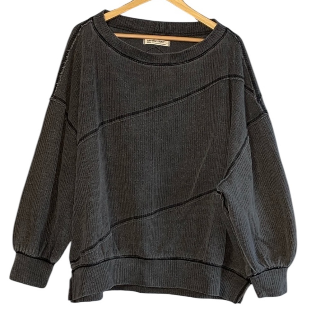 We the Free FP Back At Ya Grey Ribbed exposed seem oversized slouchy sweatshirt